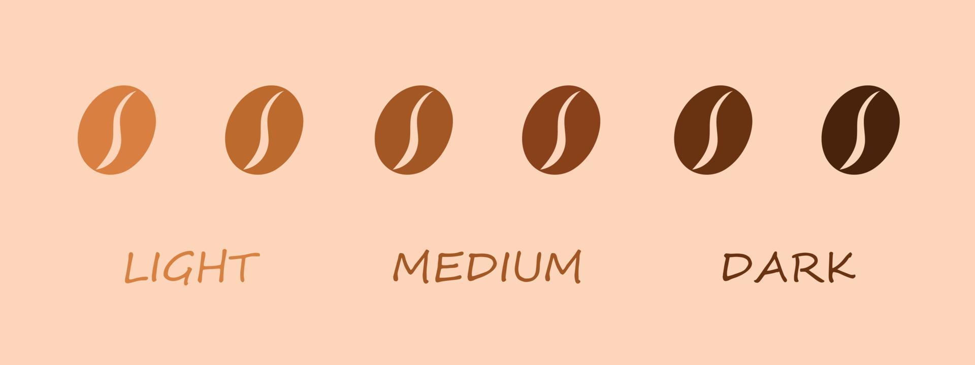 nivel de tueste de café: icono claro, medio y oscuro. ilustración vectorial granos de café aislados sobre fondo beige. vector