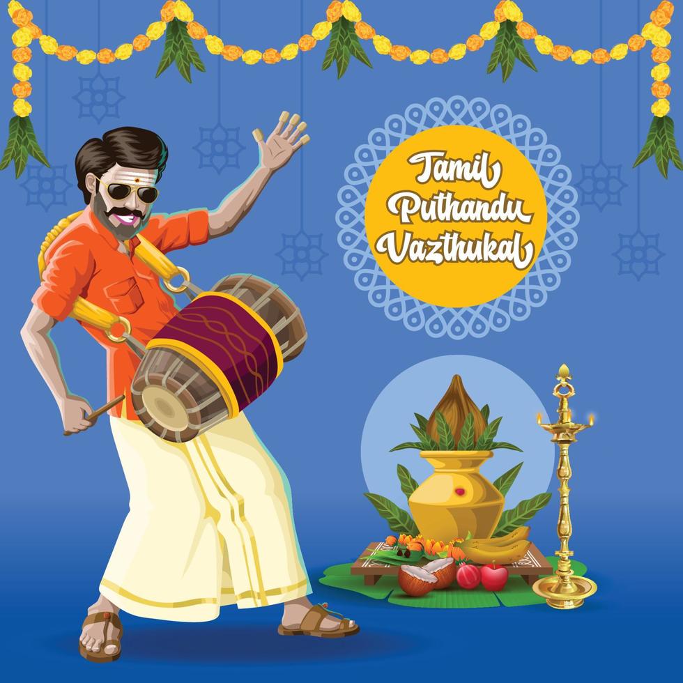 Tamil New Year Greetings with a traditional happy drum player vector