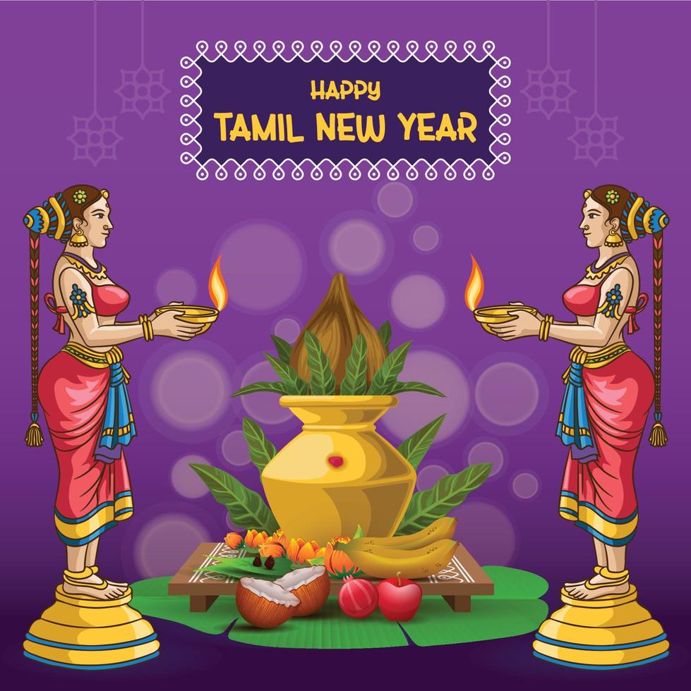 Happy Tamil New Year Greetings with a girl holding lamp sculpture