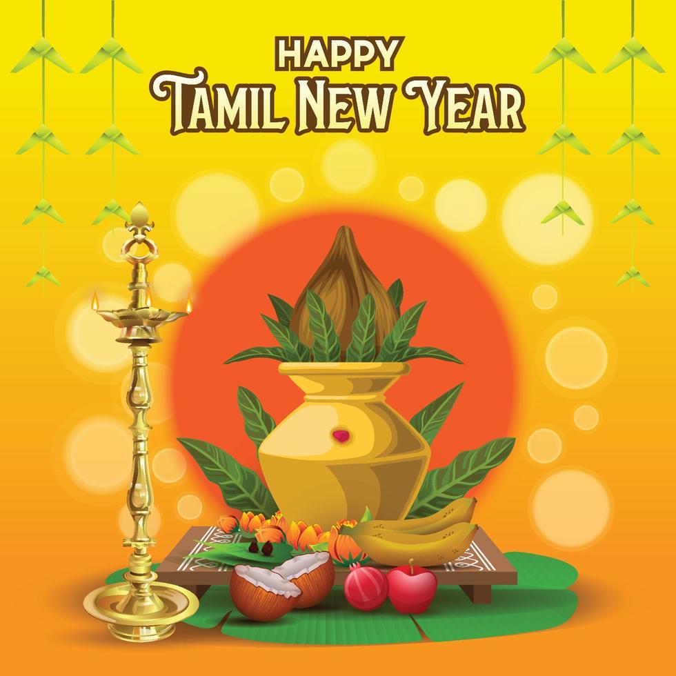 saludos de feliz año nuevo tamil con elementos rituales tradicionales vector