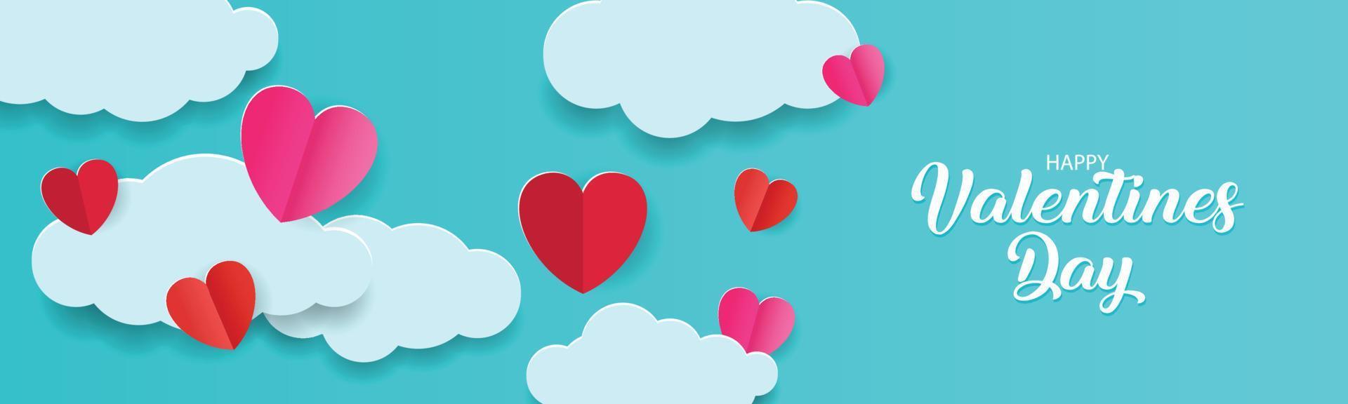 banner con cielo azul y nubes cortadas en papel. lugar para el texto. plantilla de cupón o encabezado de venta de feliz día de san valentín con corazones. ilustrador Vectores