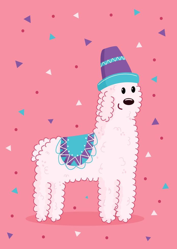 funny white curly dog in a purple hat and cape on a pink background with a pattern vector