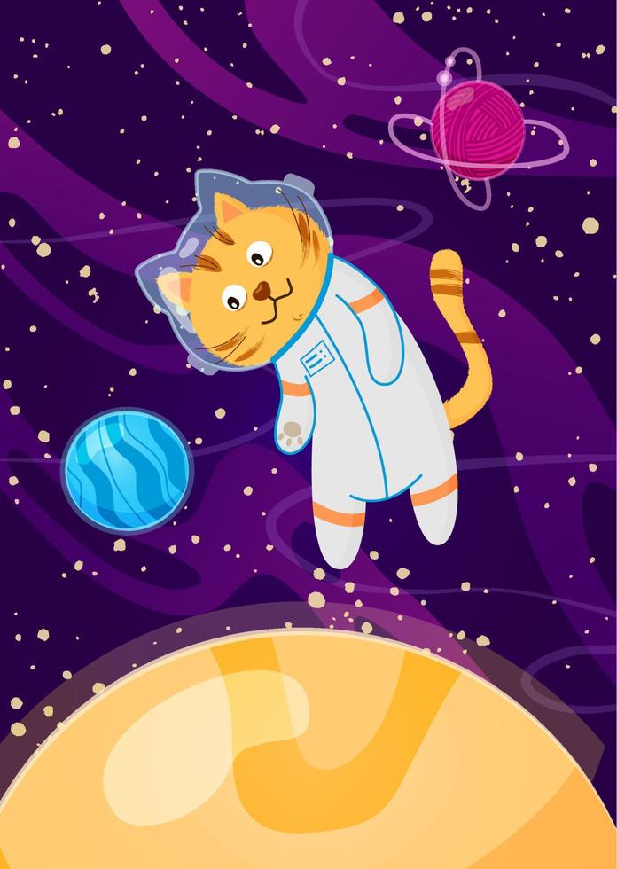 cat astronaut in a spacesuit flies in space among the planets vector