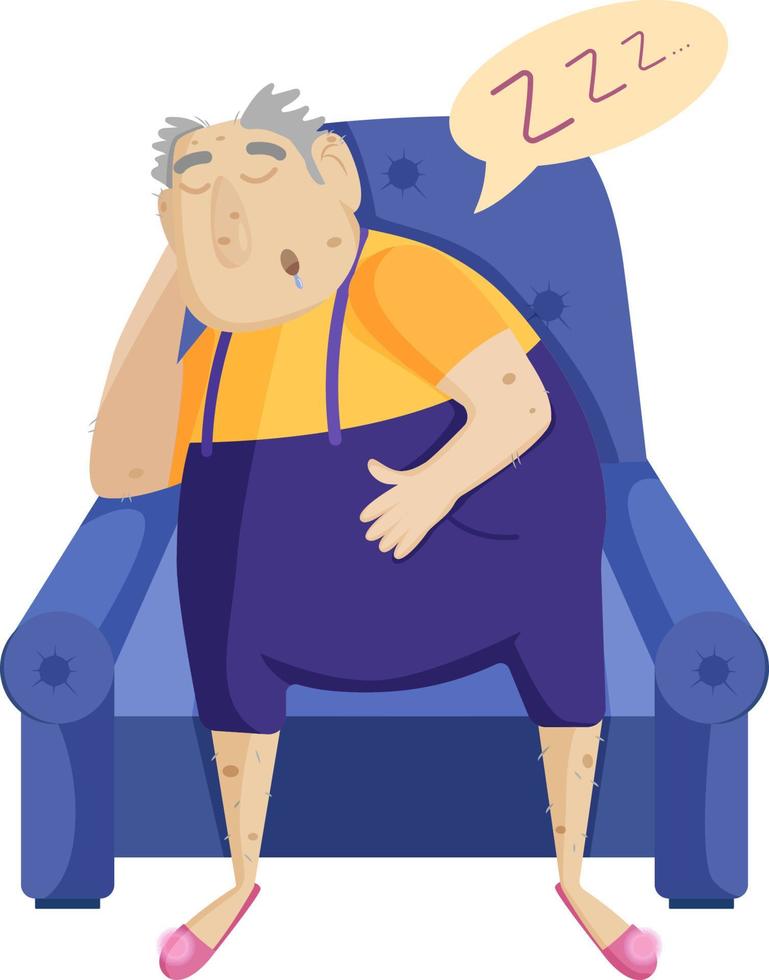 grandfather in purple jumpsuit and pink slippers sleeps in a blue armchair vector