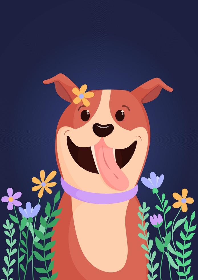 brown dog in flowers on a blue background vector