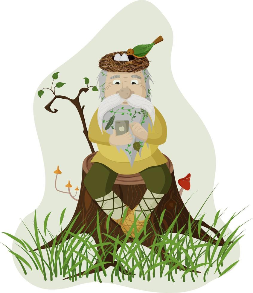 Grandfather - the spirit of the forest sits on a tree stump, in his hands a phone, a bird's nest on his head vector