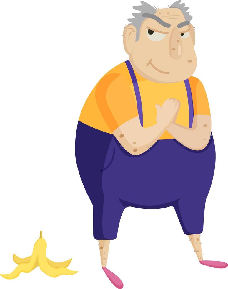 grandpa in purple jumpsuit and pink slippers threw a banana peel vector