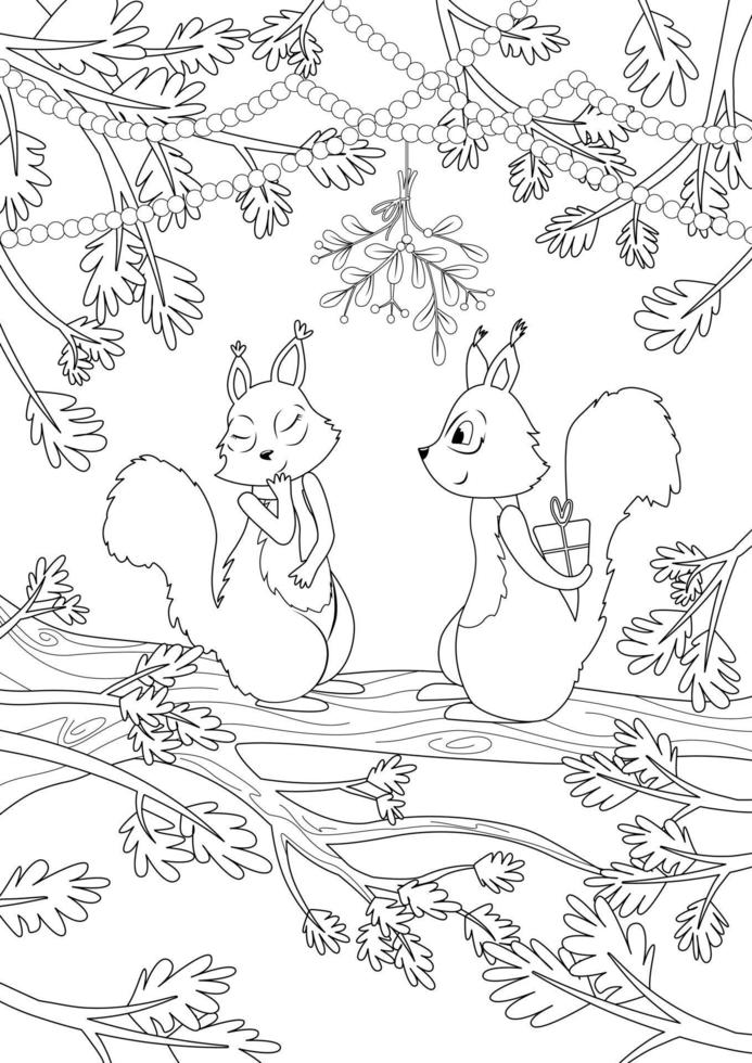 coloring page one squirrel gives a gift to another squirrel vector