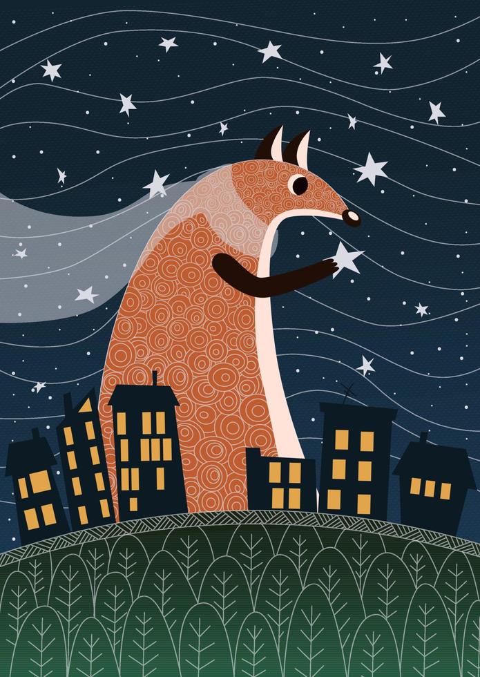 the fox walks over the city at night and attaches the stars to the night sky vector