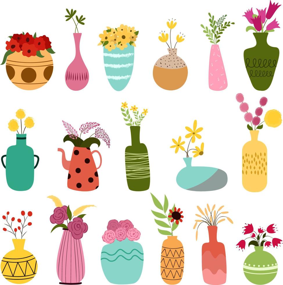 set of vases with flowers and leaves vector