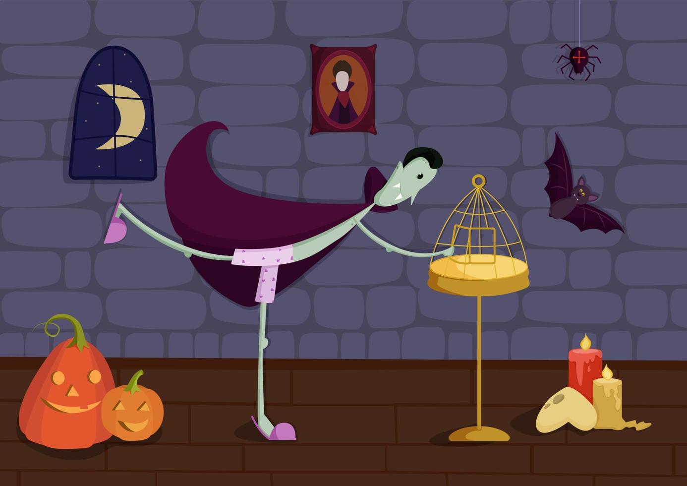 a vampire in pink panties releases a bat from a cage vector