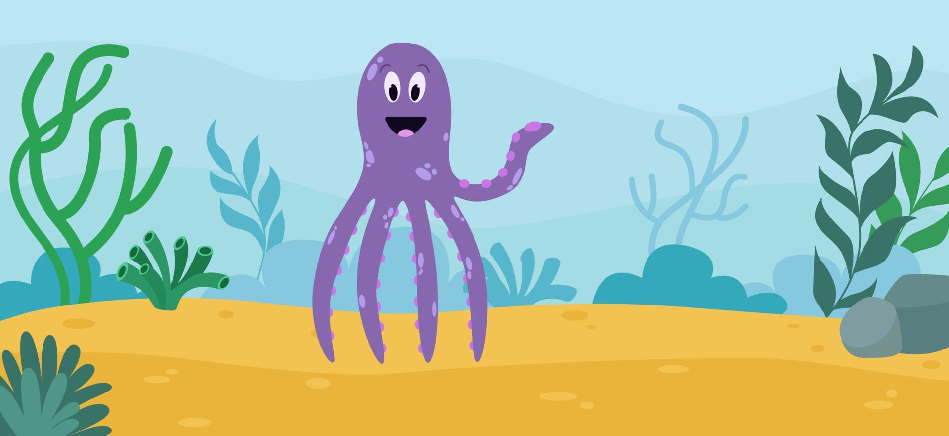 pulpo morado sonriente en el fondo del océano vector