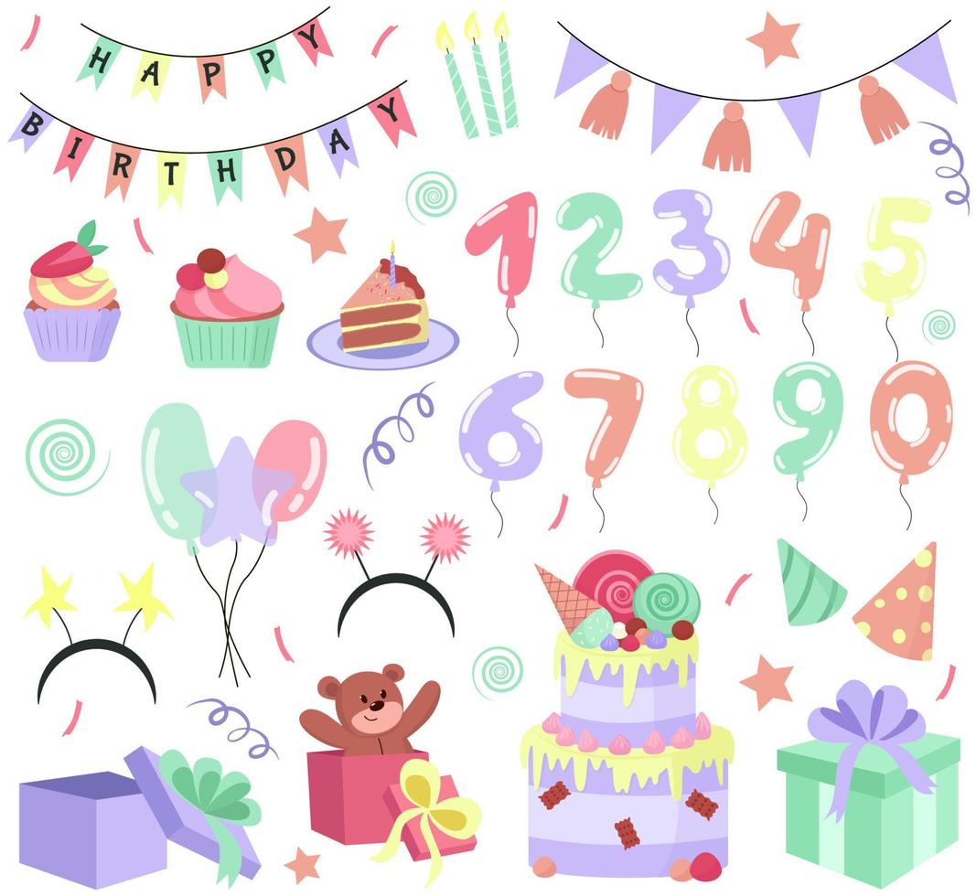 conjunto de cumpleaños vectorial. torta, regalos, bolas, cupcakes, guirnaldas, gorras vector