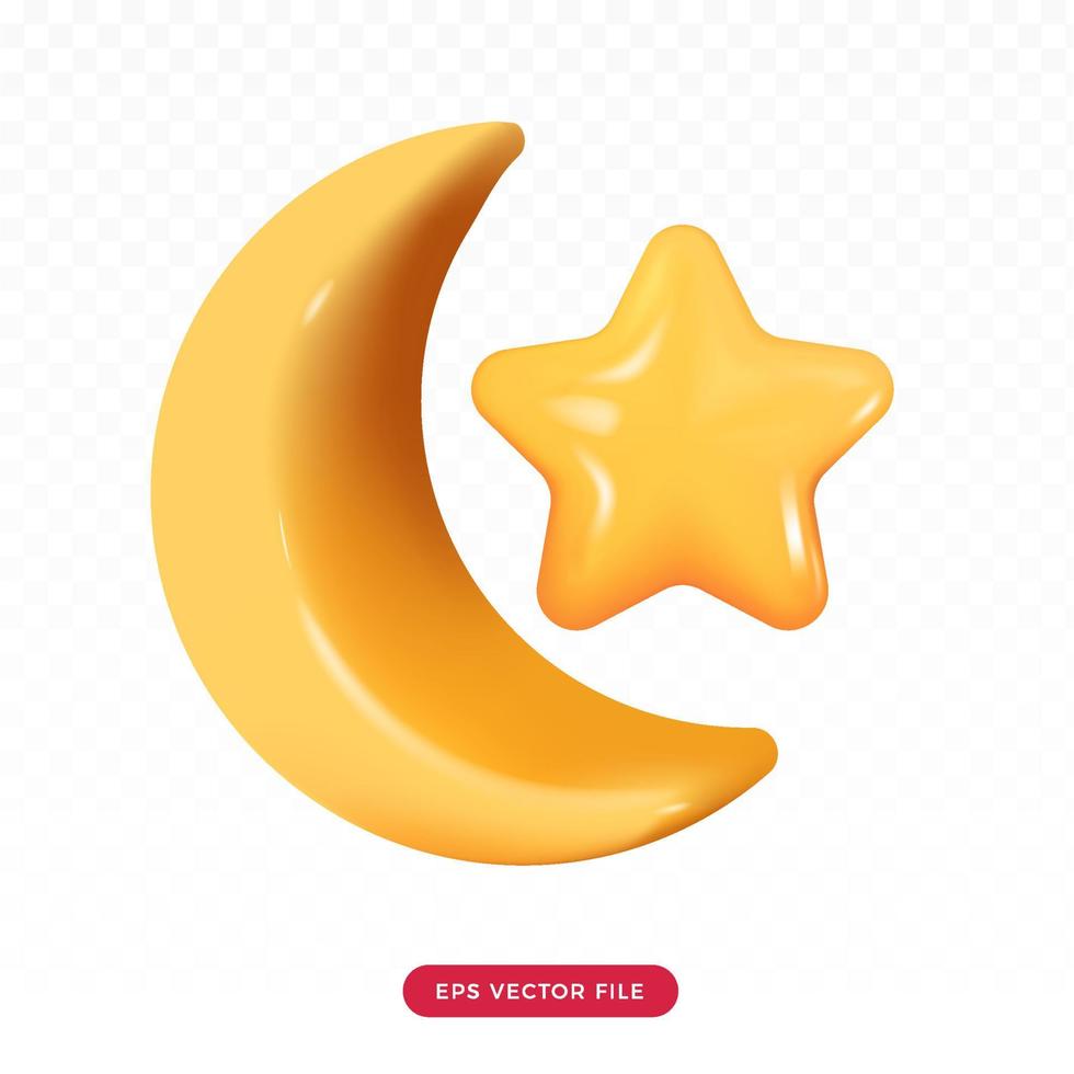 Luna y estrella crecientes amarillas lindas 3d. Estilo de renderizado de dibujos animados en 3D vector