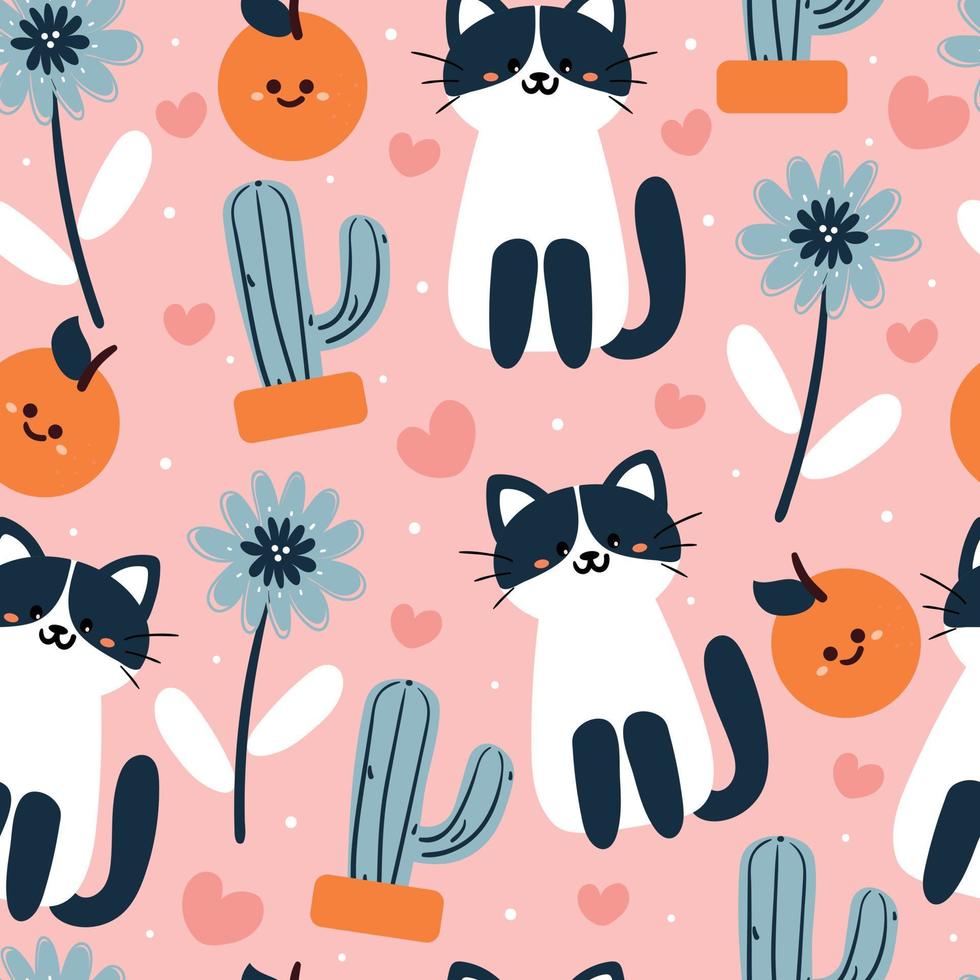 seamless pattern hand drawing cartoon cat and plant. animal drawing for fabric print, textile, gift wrap paper vector