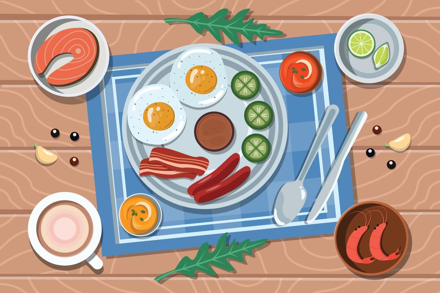 ilustración de platos de desayuno y almuerzo vector