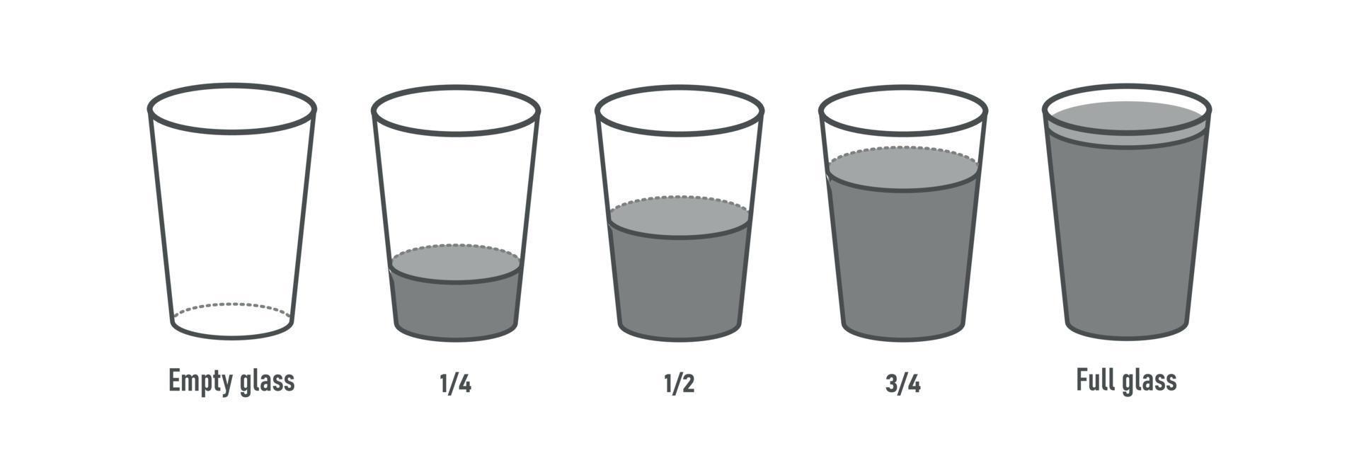Volume water. Liquid of glasses empty half full quarter. Bulk fractions