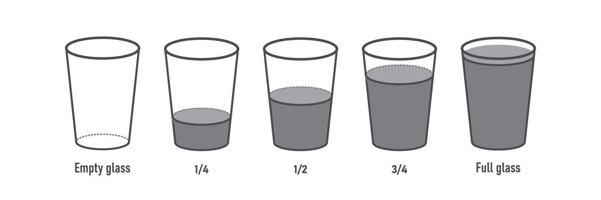 Volume water. Liquid of glasses empty half full quarter. Bulk fractions. Vector