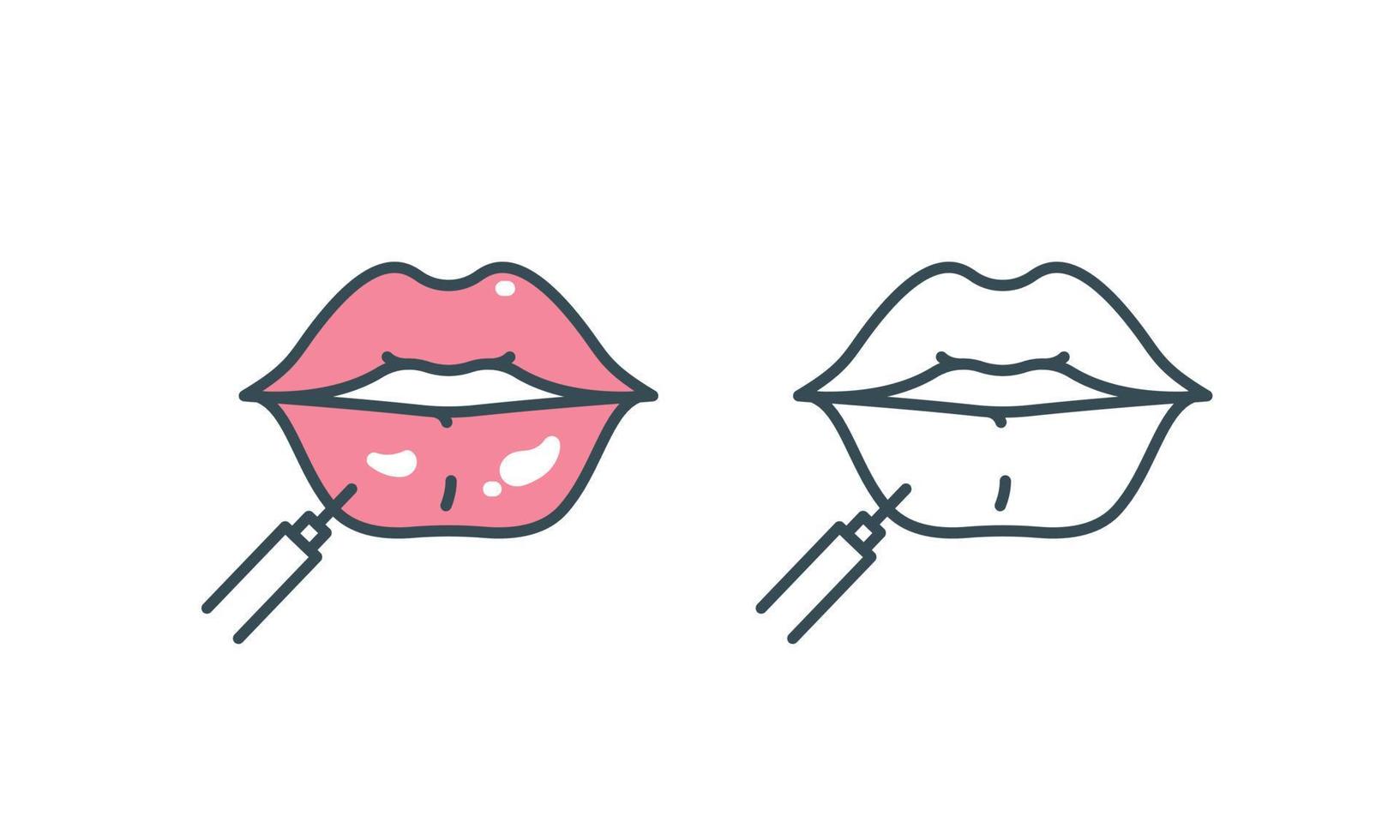 inyección de labios procedimiento con icono de línea de jeringa. labios de aumento, corrección, relleno, plástico. ilustración vectorial vector