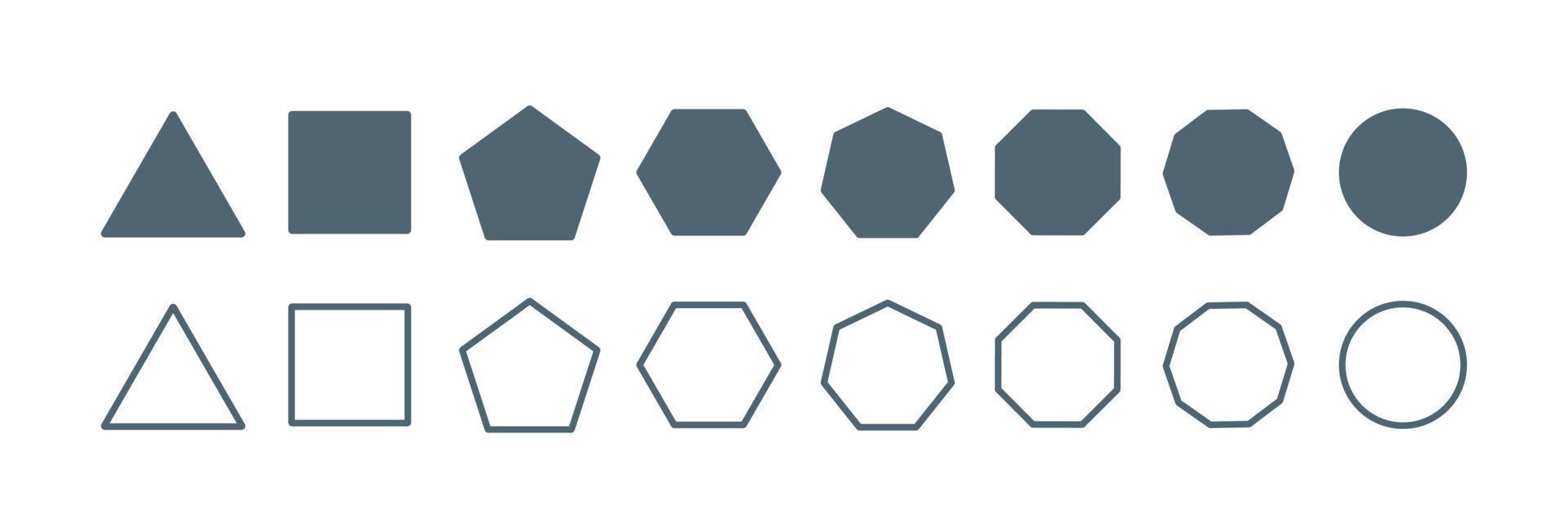 tipos de polígono. formas matemáticas de geometría. conjunto de contorno. triángulo cuadrado pentágono hexágono heptágono octágono nonágono decágono. vector