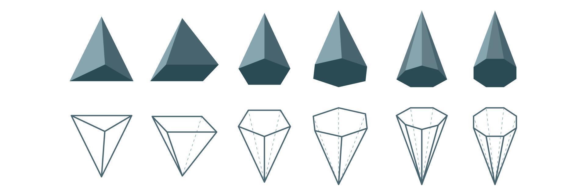 conjunto de tipos de pirámide. icono de línea y 3D. figuras geométricas matemáticas. poliedro. Pirámide poligonal triangular rectangular pentagonal hexagonal heptagonal octogonal. ilustración vectorial vector