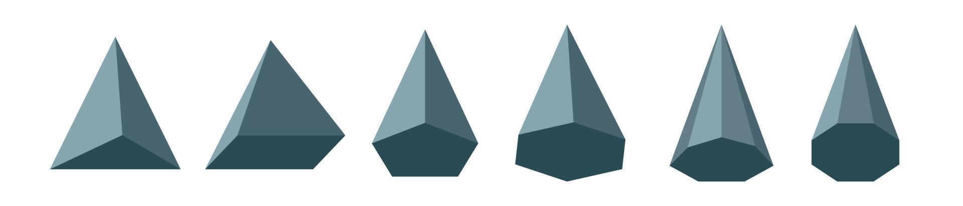 conjunto de tipos de pirámide. figuras geométricas matemáticas. poliedro.triangular rectangular pentagonal hexagonal heptagonal pirámide poligonal octogonal. ilustración vectorial vector