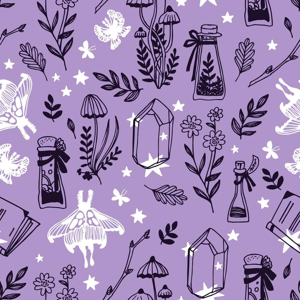 Magic concept vector seamless pattern. Seamless pattern of stars, flowers, crystals, toadstools, leaves, twigs, potion bottles and moths. Vector illustration