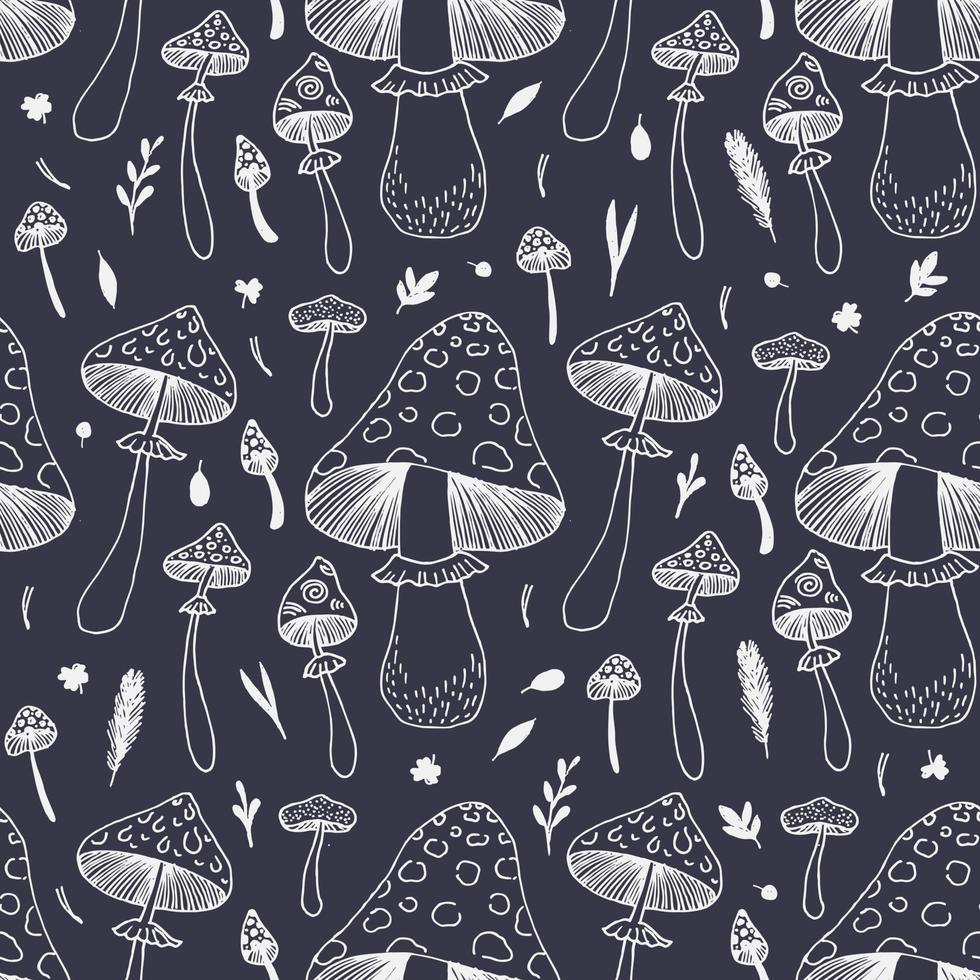 Mushrooms and forest leaves hand drawn seamless vector pattern. Mushroom caps, berries, fir branches, fir needles leaves for printing, fabric, textile, manufacturing, wallpapers.