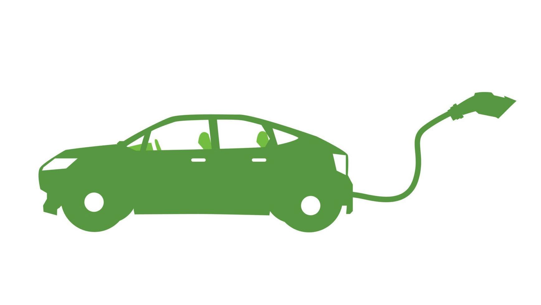 Vector or Illustration object icon of  Electric car. Green color with cable of electric plug the back of the car. On isolated white background.