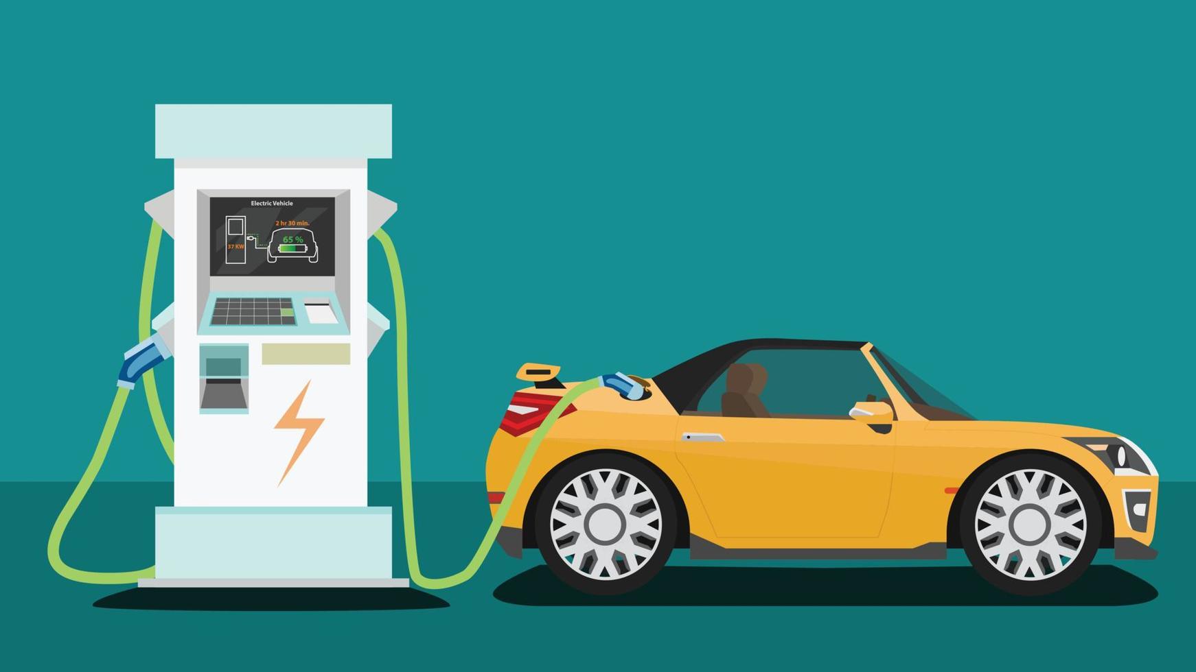 Electric Vehicle or ev sport car charging parking at the charger station with a plug in cable two head.  Charging in the back of car to battery. Isolated flat vector illustration on green background.