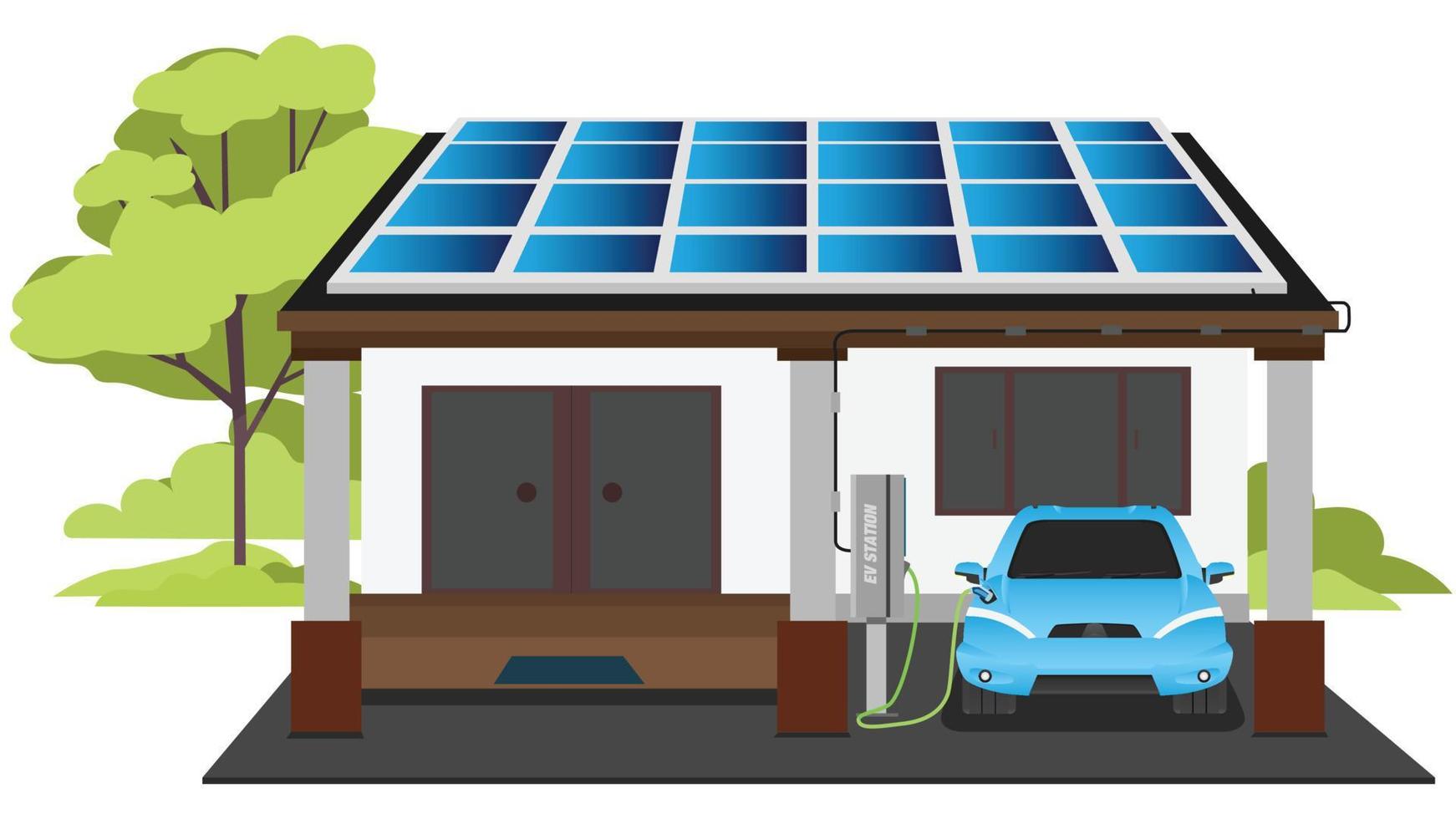 Electric sport car parking charging at home wall box charger station. Energy storage with photovoltaic solar panels on building roof. With nature green trees on isolated white background. vector