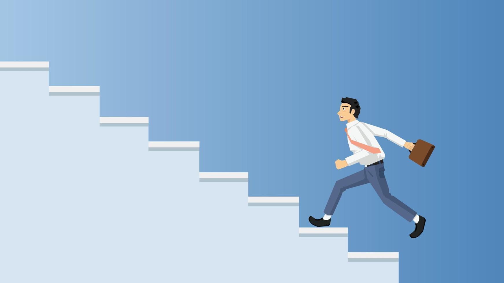 Businessman in casual suit running up stairs brown color. In the hand with brown bag. Vector illustration on soft white steps and gradual blue background.