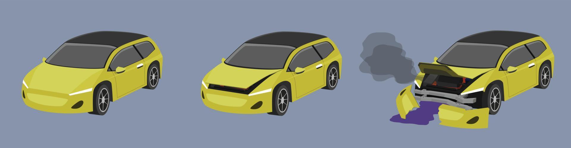 vector de dibujos animados o ilustración. El estado del automóvil ev amarillo de automóvil normal a automóvil estaba ligeramente dañado. hasta que el auto sufrió daños severos, dañó todo el frente con humo.