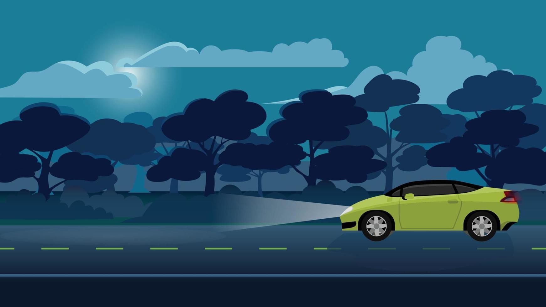 viaje de coche deportivo de color amarillo conduciendo por la carretera asfaltada en la noche. enciende los faros y la luz golpea el suelo. fondo de bosque de árboles bajo el cielo nocturno con luna y nubes. vector