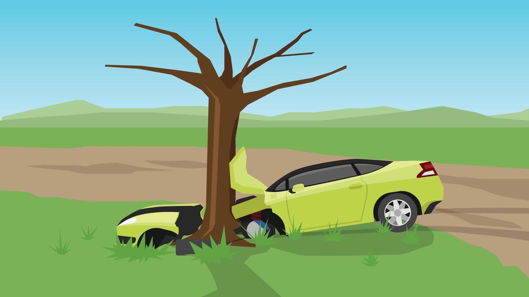 Sport yellow car driving on soil road with green meadow. Had an accident, fell on the side of the road, crashed into a tree in front of the car. vector