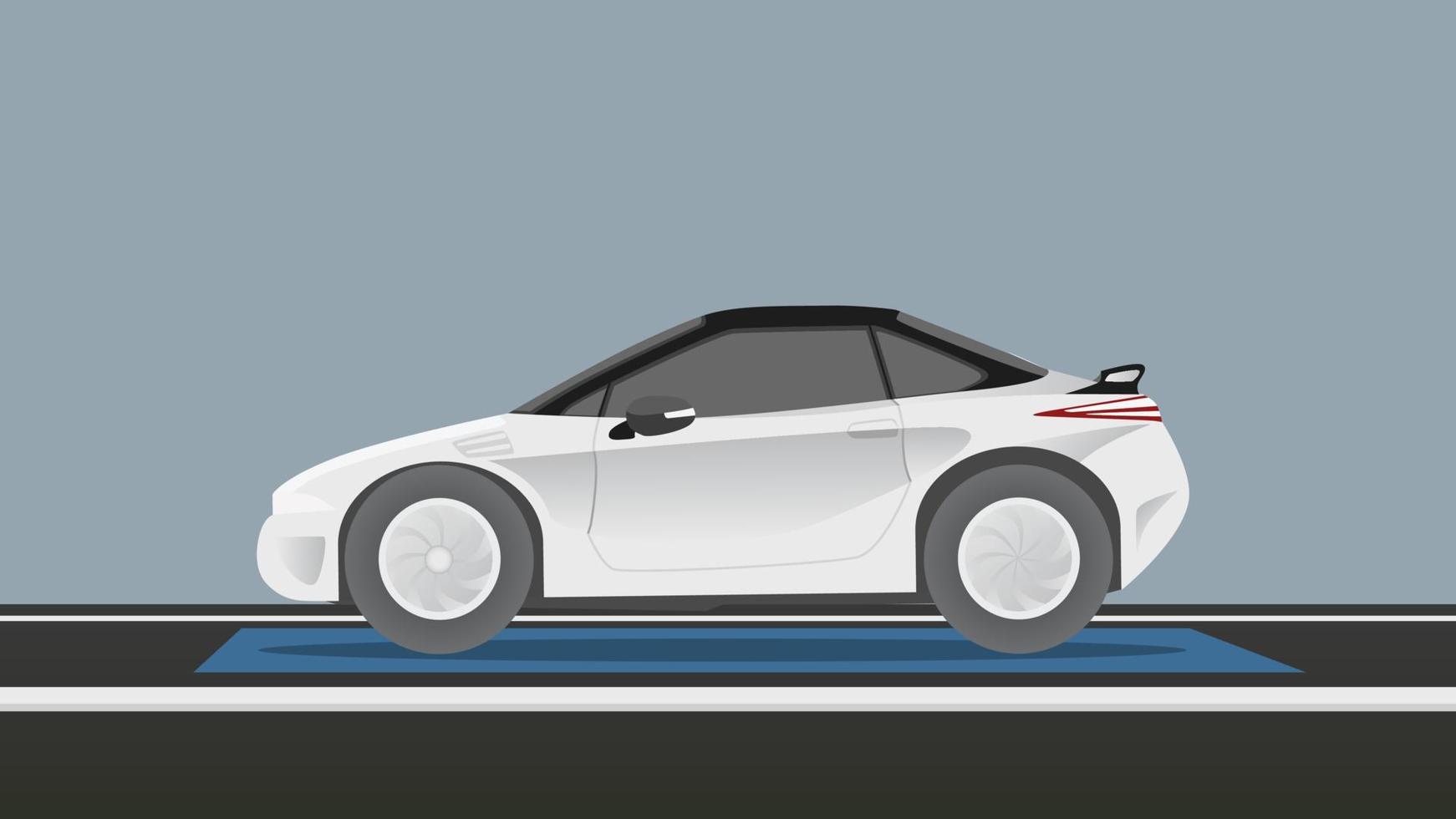 Side of sport electric vehicle white car on the asphalt road. With lens of mark blue color for EV zone. with backgorund gray color. vector