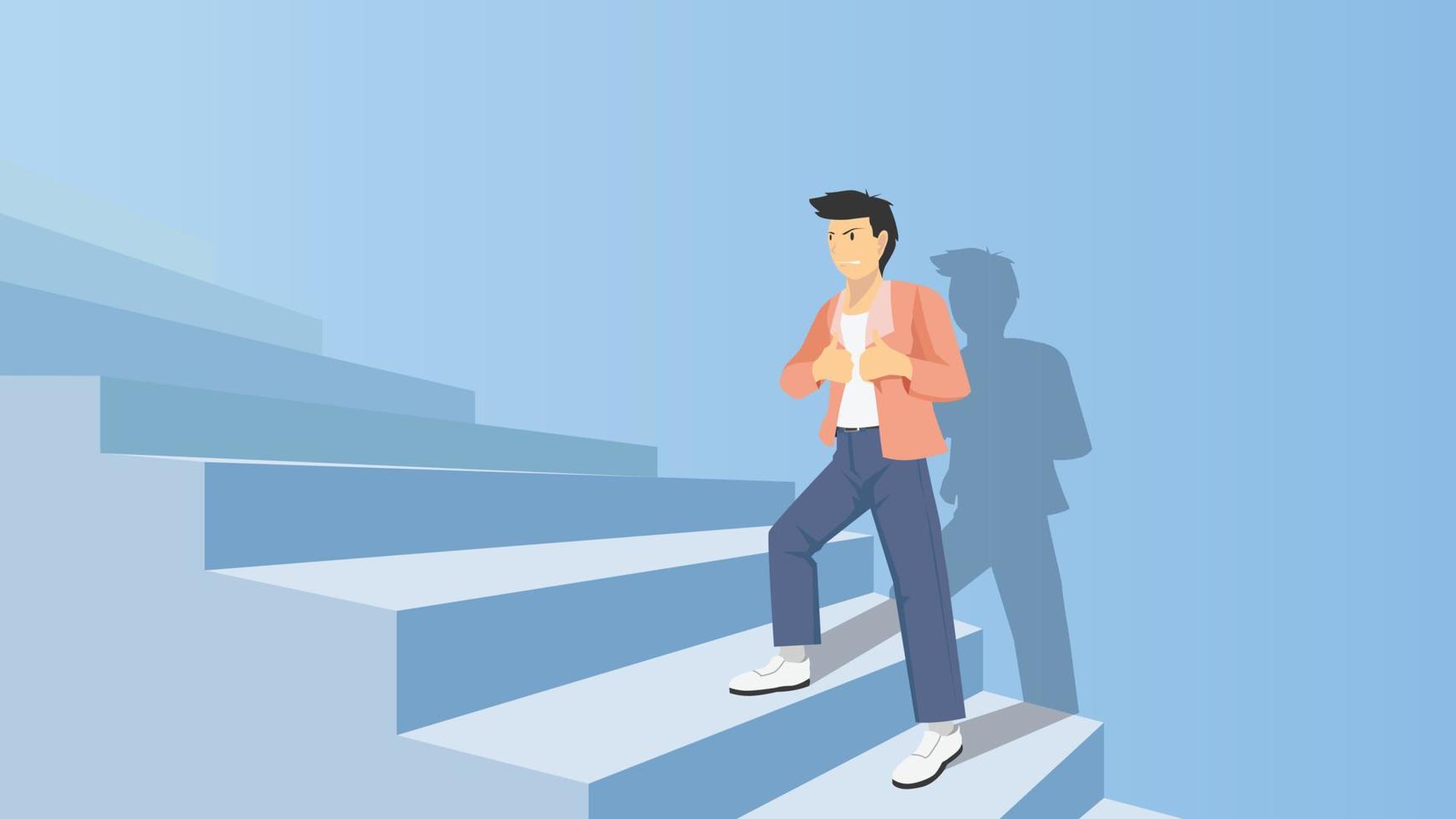 Cool man in a smart suit steps up the stairs holding his collar. Stairs leading up to the top. with a long silhouette of a person attached to the wall blue color. vector