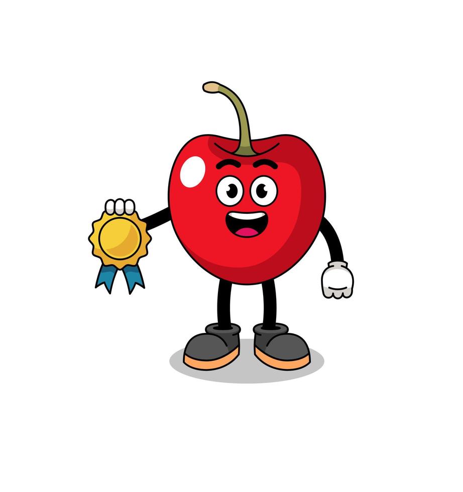 cherry cartoon illustration with satisfaction guaranteed medal vector