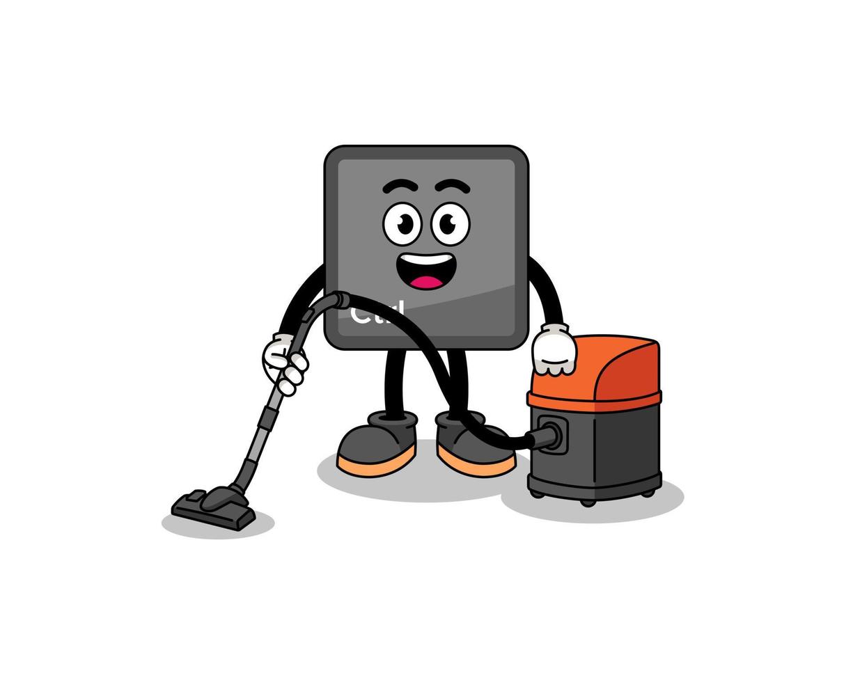 Character mascot of keyboard control button holding vacuum cleaner vector