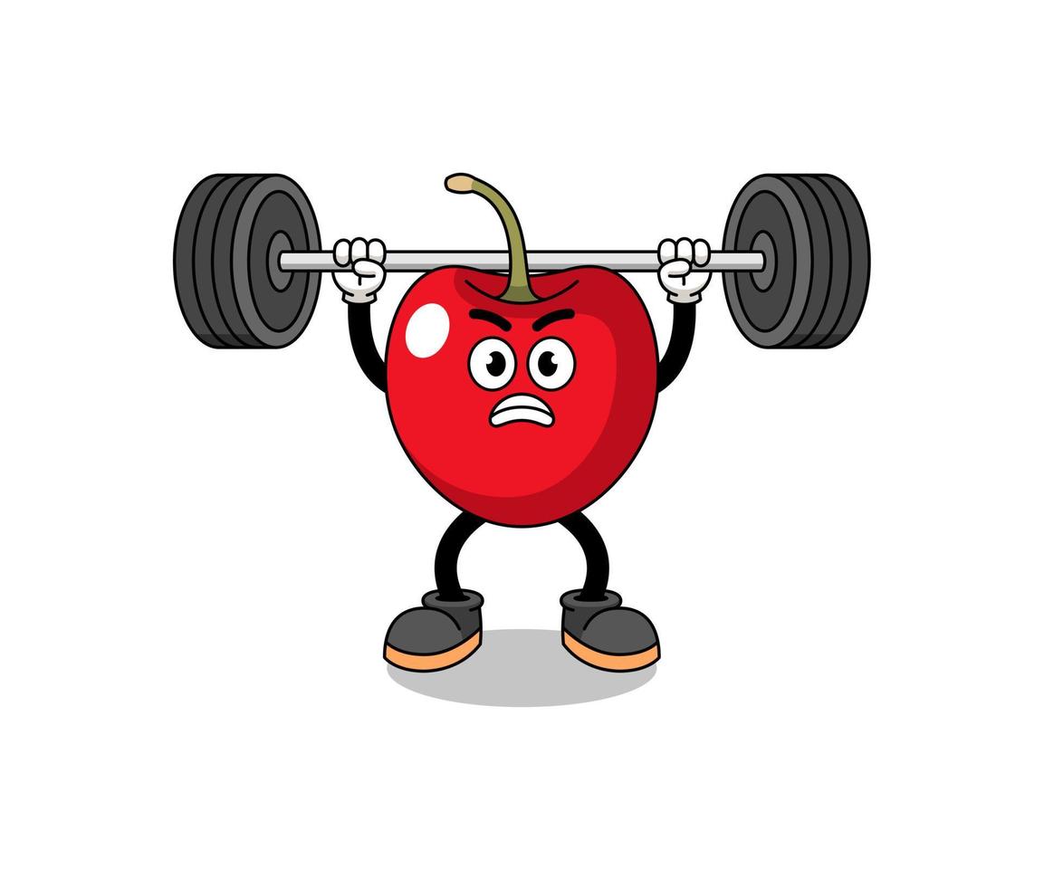 cherry mascot cartoon lifting a barbell vector