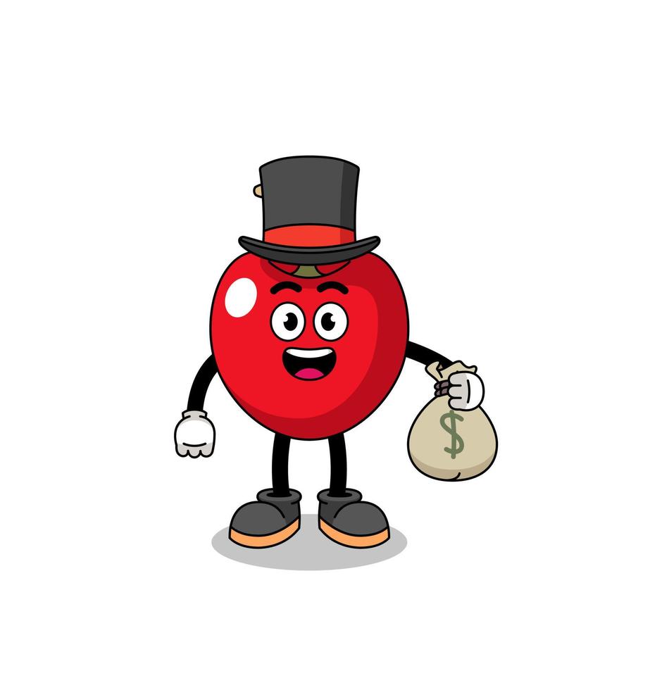 cherry mascot illustration rich man holding a money sack vector