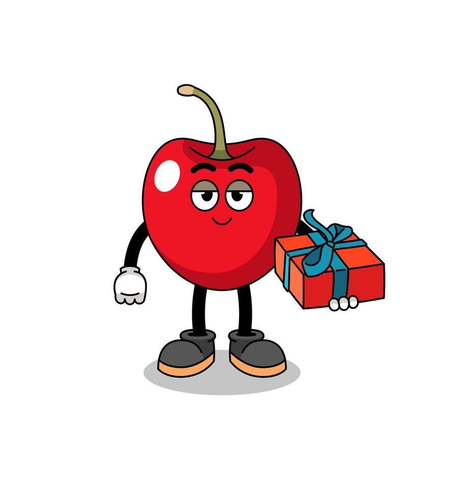 cherry mascot illustration giving a gift vector