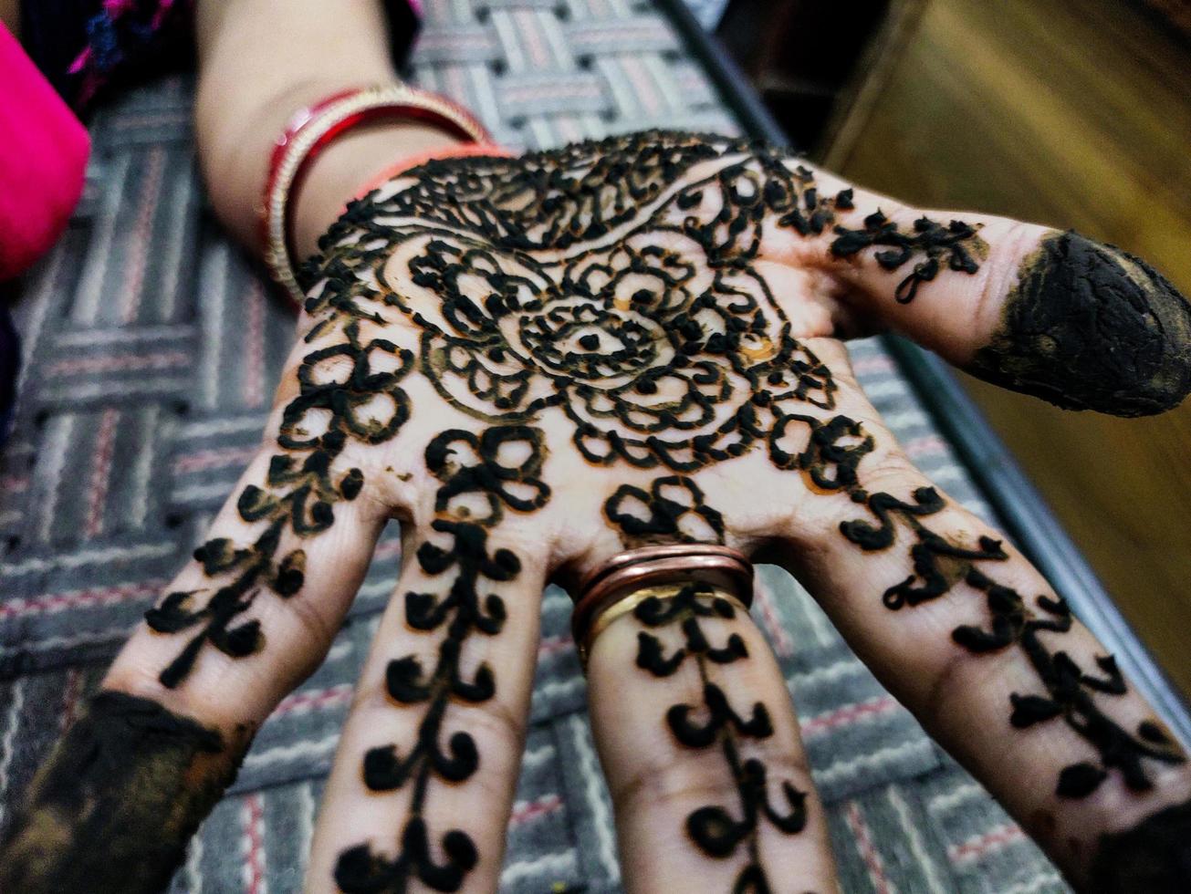 Popular Mehndi Designs for Hands or Hands painted with Mehandi Indian traditions photo