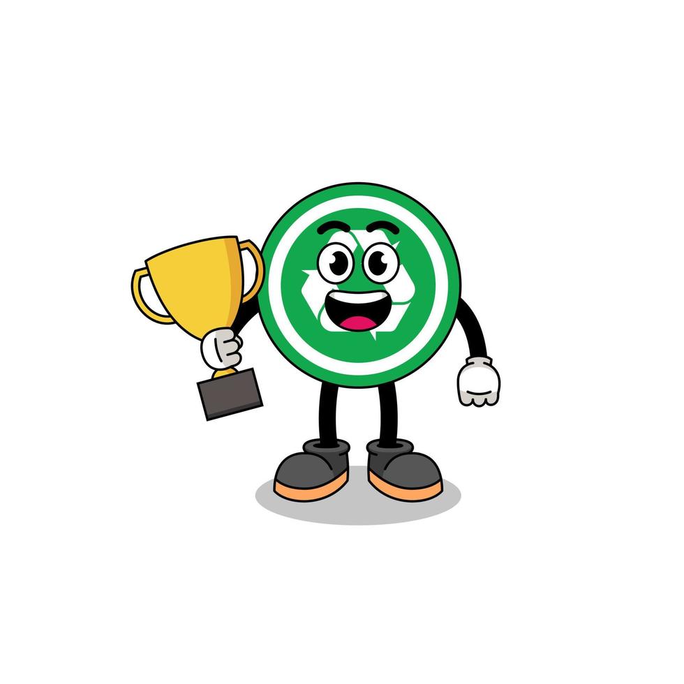 Cartoon mascot of recycle sign holding a trophy vector