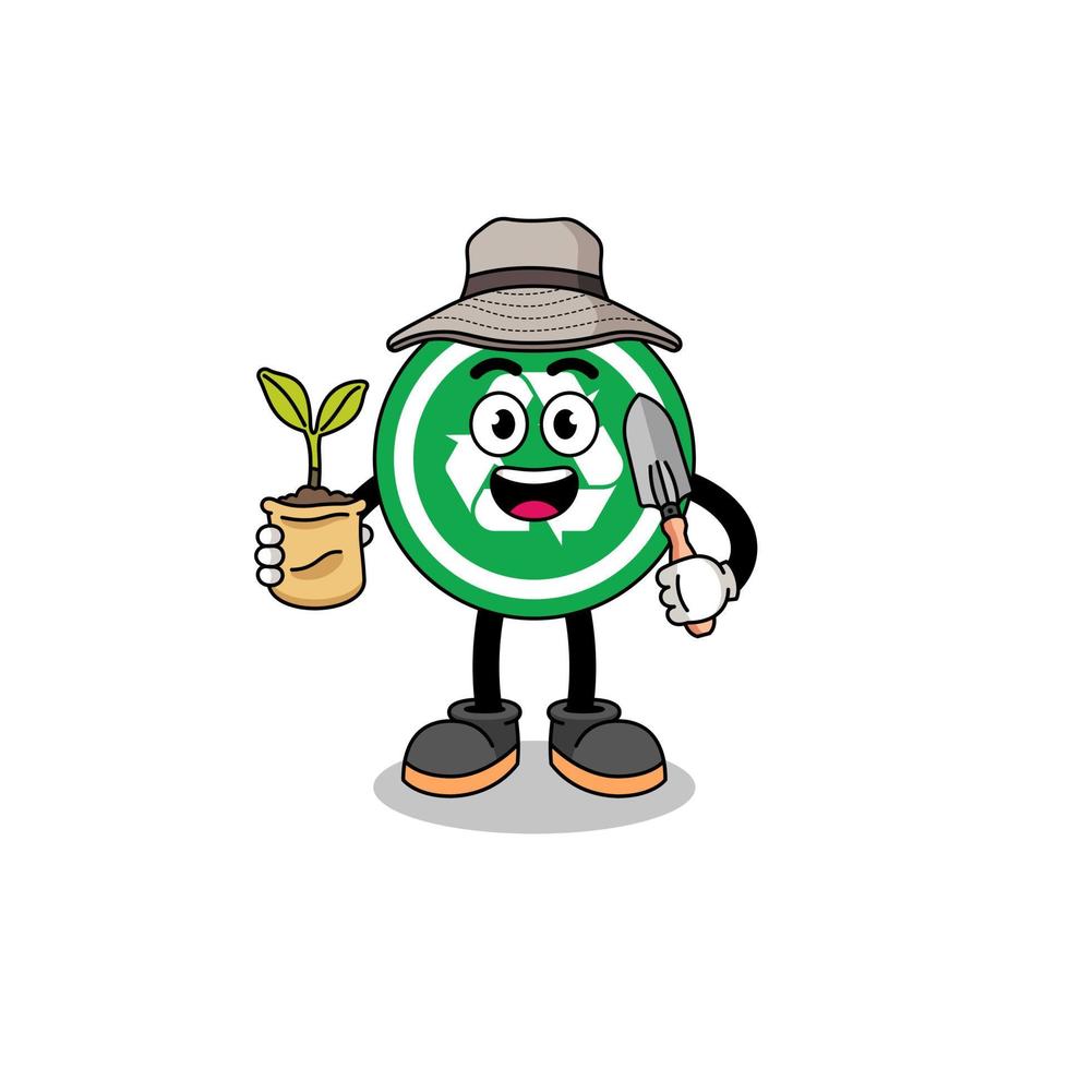 Illustration of recycle sign cartoon holding a plant seed vector