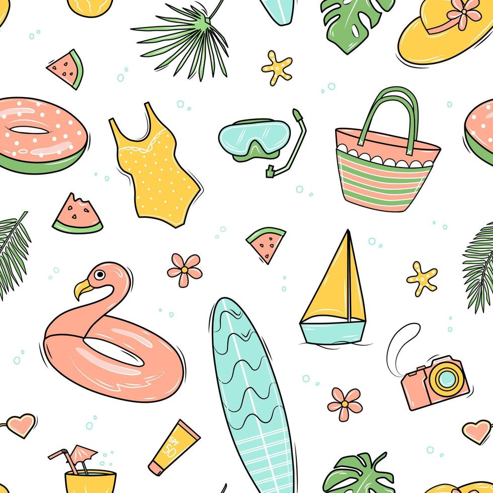 Summer seamless pattern with pink flamingo inflatable circle, surfboard, camera, palm leaves. Vector doodle background.