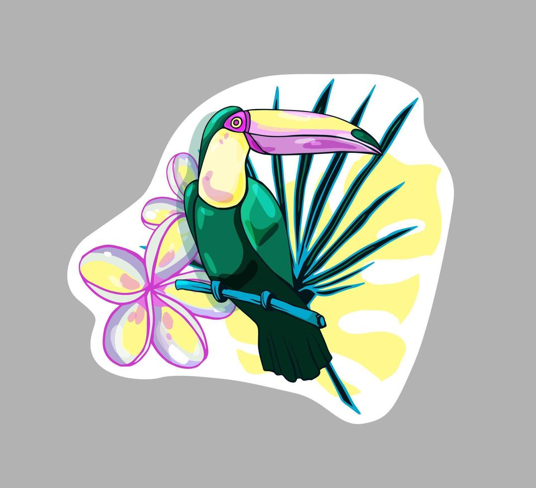 pegatina colorida con tucán y hojas de palma. ilustraciones de decoración, postales, fotos, carteles. ilustración vectorial vector