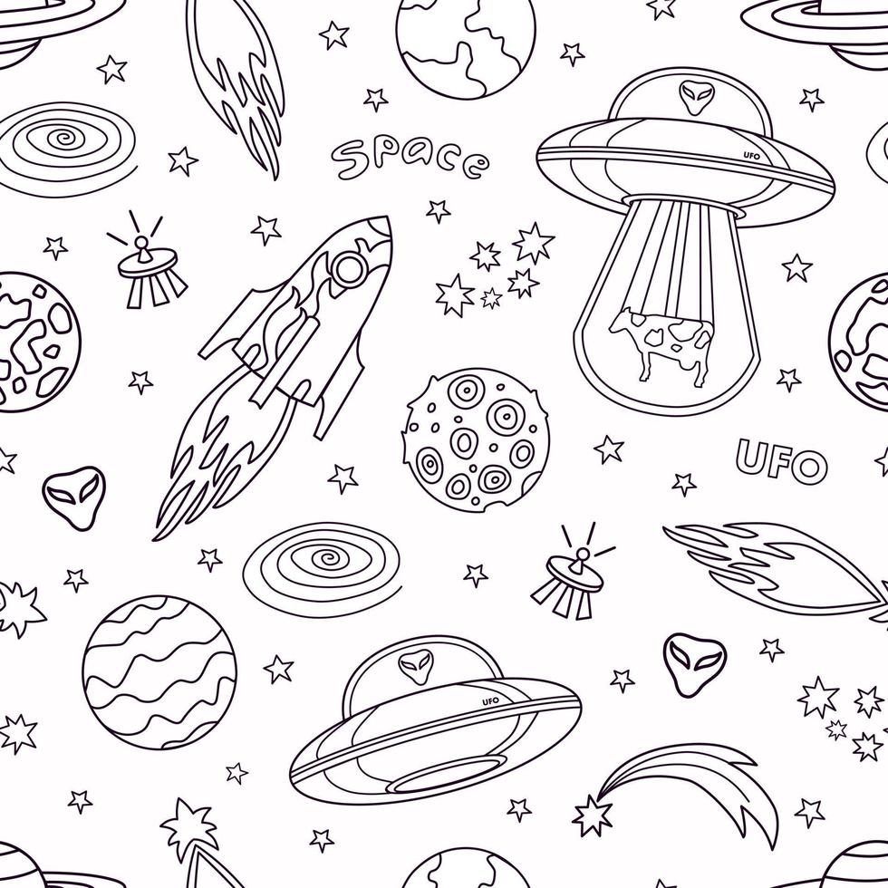 Space seamless pattern in the outline style. Vector coloring book.