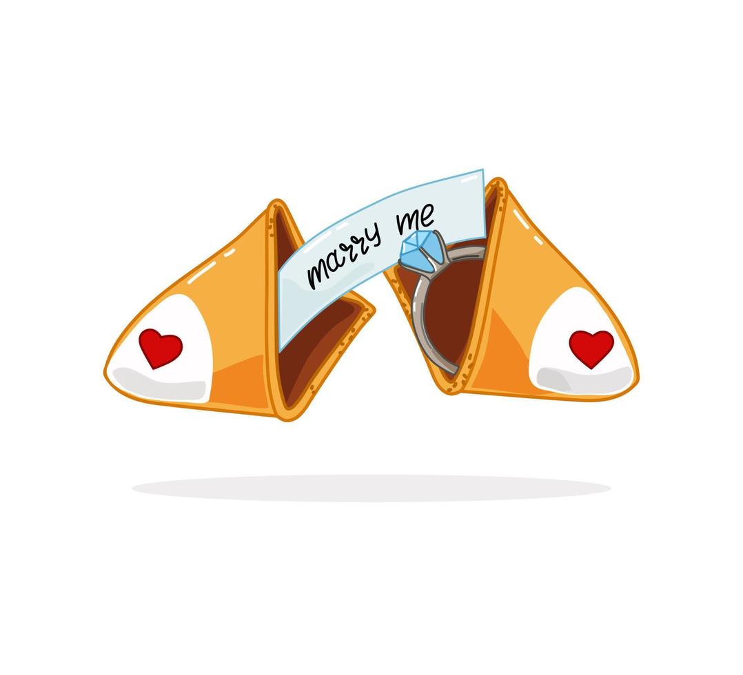 Chinese cookies with a ring and the text Marry me. The engagement. Vector illustration