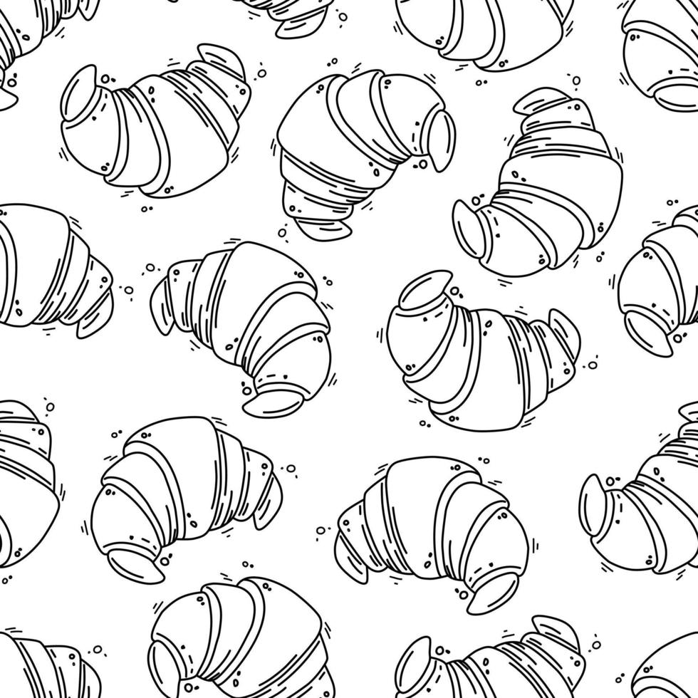 Seamless pattern with cartoon croissants on white background. French appetizer. Bakery product. Vector outline texture for wallpaper, backdrop, cards and your creativity. Coloring book.